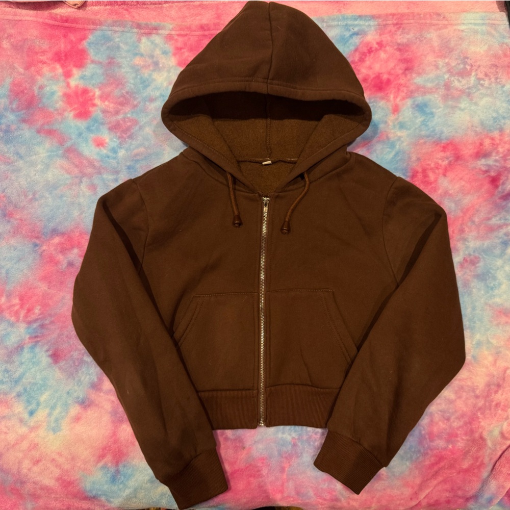 Brown Cropped Hoodie Zip